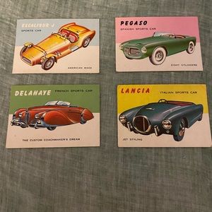 World on wheels vintage collectible cars cards. Set of 4 sports car